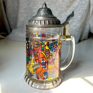 Vintage Glass Beer Stein with Pewter Lid Colorful Horses and Flowers German